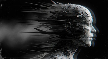 A black and white image of a woman's profile with an artistic touch, the portrait looks as if it's dissolving in the wind. The image has depth and emotion