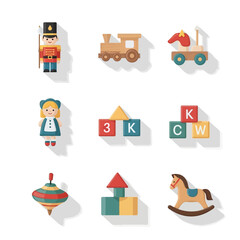 A charming collection of retro wooden toy illustrations, capturing the nostalgic essence of classic childhood playtime