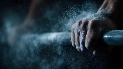 A strong hand grips a barbell chalk powder exploding in a dramatic display of power and focus during training