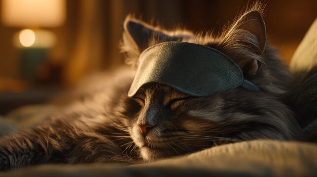 Relaxed cat sleeping peacefully with a headband in a cozy warm home environment du daytime sunlight