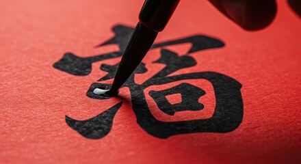 Closeup of a calligraphy brush poised over a Chinese character written in black ink on red textured paper