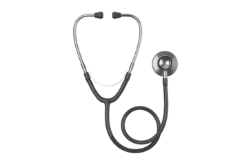 A classic medical stethoscope with a silver chestpiece isolated on transparent background