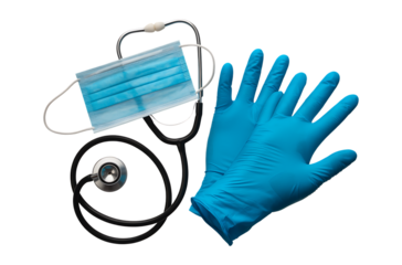 Medical stethoscope face mask and blue nitrile gloves isolated on transparent background