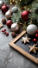 Festive decorations featuring gold and silver ornaments alongside evergreen branches and vibrant red berries, perfect for celebrations