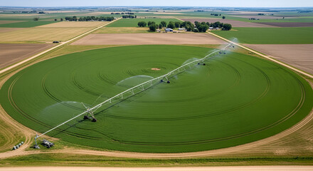 Agricultural precision: Aerial view of circular irrigation system nourishing green crops