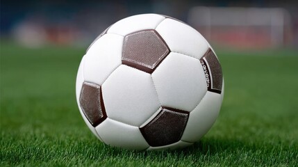Close-up view of a well-used soccer ball resting on freshly cut grass before an afternoon game at a local sports field