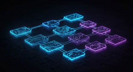 An intricate network diagram with interconnected nodes and glowing neon lights depicts complex data flow on a textured surface showing advanced technological connectivity.