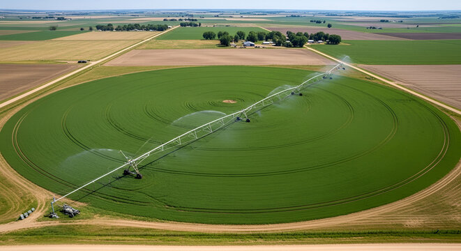 Agricultural precision: Aerial view of circular irrigation system nourishing green crops - Powered by Adobe