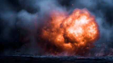 Cinematic explosion with bright fireball and dark smoke debris flying in an industrial setting