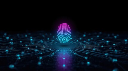 A glowing fingerprint hovers above a network of connected dots in a digital landscape, representing security, technology, and personal identification perfectly.