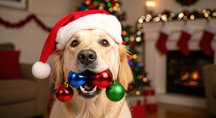 Cute Golden Retriever Dog Wearing Santa Hat Holding Christmas Ornaments
