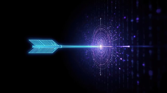 A glowing blue arrow pierces a digital with purple energy against a black background, symbolizing precision, focus, and achieving goals in technology.