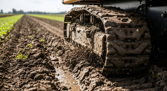Close-up perspective showcasing a tractor's track navigating through the muddy terrain of a