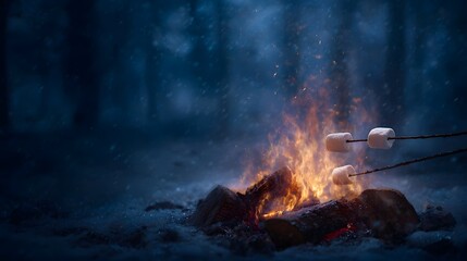 Fototapeta premium Cozy campfire roasting marshmallows on sticks in a dark snowy forest at night