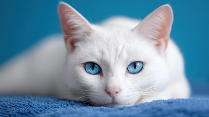 Obraz premium Close-up of a White Cat with Bright Blue Eyes Resting on a Soft Surface with a Vibrant Blue Background