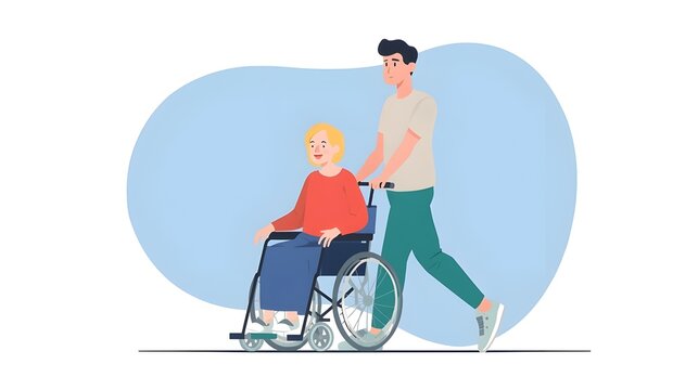 Volunteer young man is walking an older grey haired woman on a wheelchair. 5 December the International Volunteer Day. Social workers taking care about seniors people. Caring for the elderly.