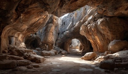 A vast, cavernous interior with rough rock walls and a sunlit opening, hinting at a passage. Shadows and light play across the textured surfaces