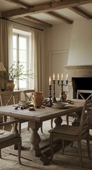 Rustic dining room interior featuring wooden table and fireplace design