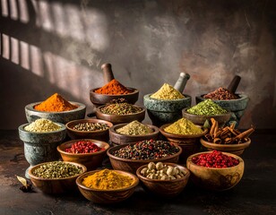 Fototapeta premium Assorted spices in bowls and mortars