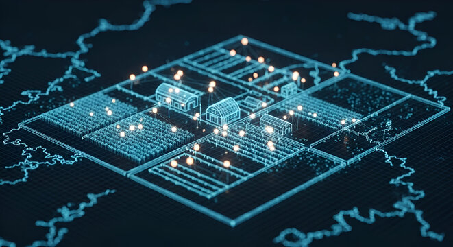 Futuristic digital rendering of a farm showcases technology integration in agriculture - Powered by Adobe