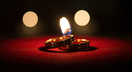 Two gold rings stacked on red fabric with a flame atop one ring and blurred lights in the dark background