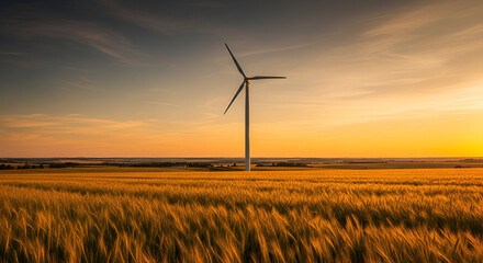 Obraz premium Golden hour over a field of wheat, a wind turbine standing tall as a symbol of sustainability and