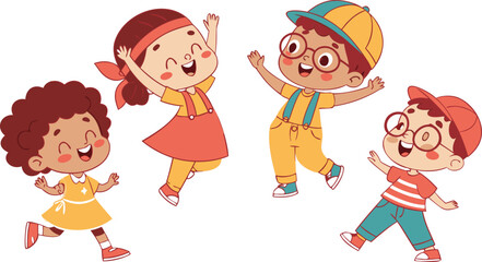Vector Illustration Of Children Playing Jumping kids. Happy funny children playing and jumping in different action poses education little team vector characters. Illustration of kids and children fun