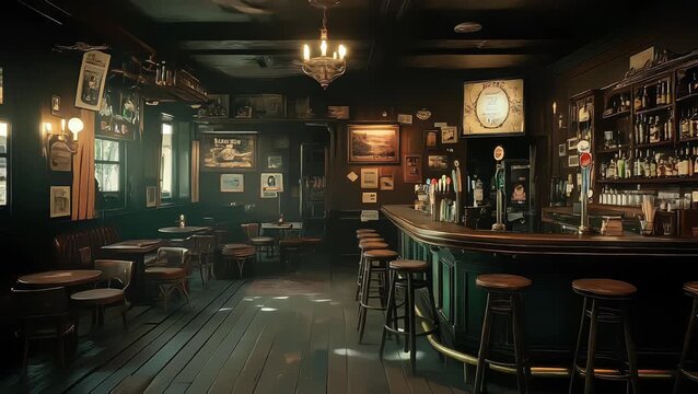 empty vintage irish pub interior with dark brown wooden decor and sunlight shafts