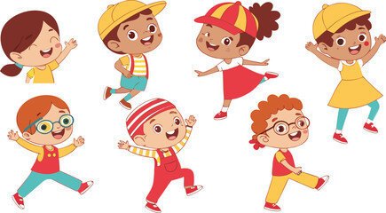 Vector Illustration Of Children Playing Jumping kids. Happy funny children playing and jumping in different action poses education little team vector characters. Illustration of kids and children fun