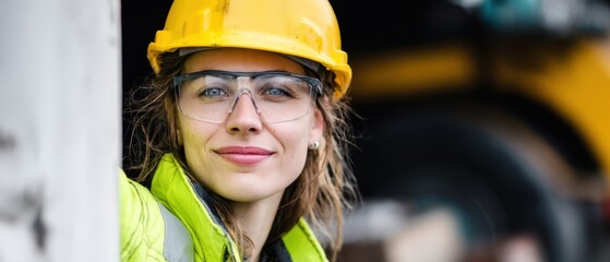 The confident female construction worker smiling in safety gear on site.