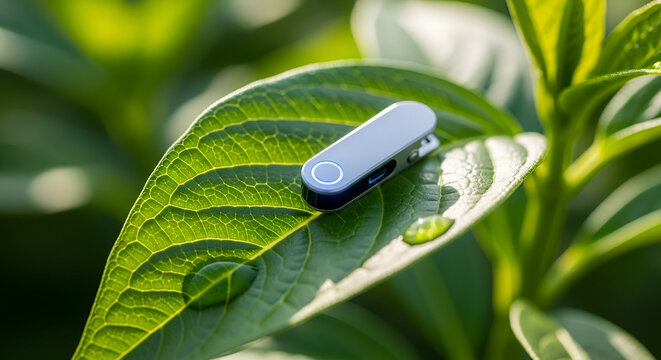 Minimalist crypto hardware wallet resting atop lush green leaf capturing eco friendly technology