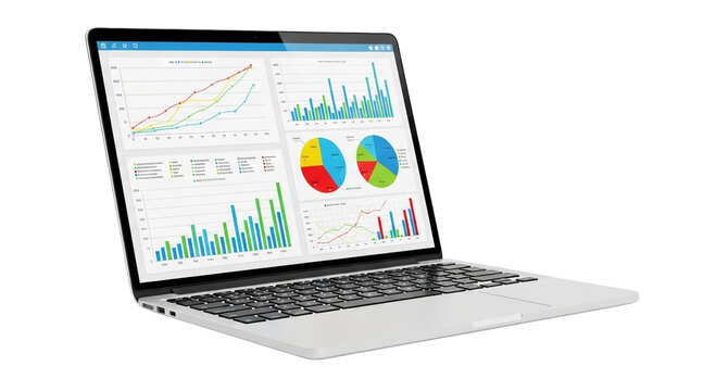 Laptop displaying various charts and graphs on screen for data analysis and visualization purpose