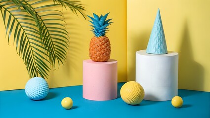 Orange pineapple with blue leaves and pastel cone on pedestals with textured spheres &ndash; Surreal still life, vibrant geometric composition, playful color harmony, modern art styling