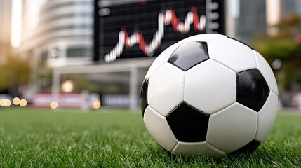 Soccer ball on green grass with city skyline and financial data display in the background during a sunny day