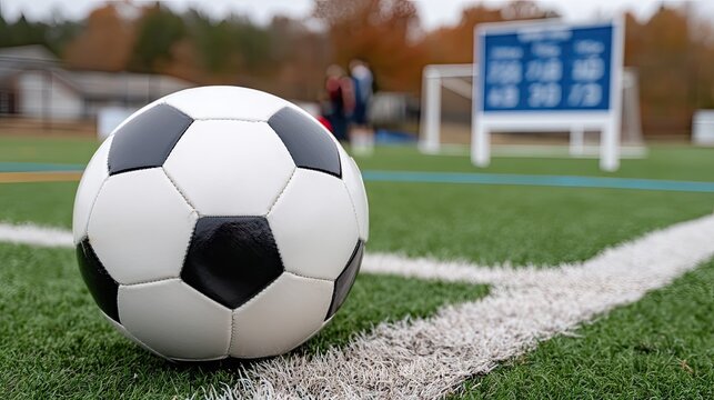 Soccer ball resting on the field near the goal during an afternoon practice session on a chilly autumn day at a local sports complex