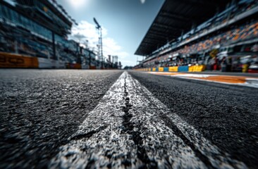 Fototapeta premium Low-angle shot of a racetrack, focusing on the center line. Stands with spectators and blue sky in the background