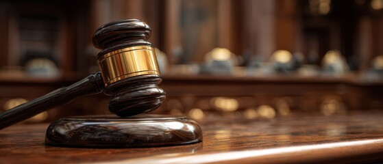 The gavel symbolizing justice and authority in a courtroom setting.