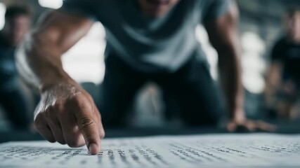 Medium shot of a focused athlete pointing at marked dates on a printed schedule blurred teammates stretching in the background conveying teamwork.