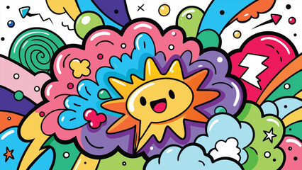 A collection of vibrant, hand-drawn icons featuring various designs and colors on a white background..eps