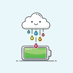 Cute smiling cloud character raining colorful energy drops into a charging green battery.