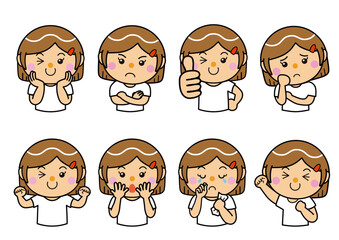 A set of eight cartoon girl illustrations displaying various emotions and expressions.