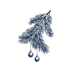 Dark blue fir branch with ornaments