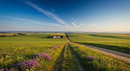 Obraz premium Scenic countryside landscape with a dirt road leading to a farmhouse