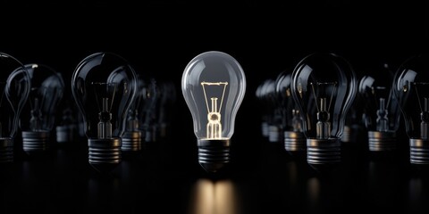 The glowing light bulb stands out among others in a dark setting.