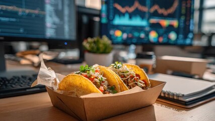 Delicious Tacos Served on a Desk with Stock Market Data Displays - Powered by Adobe