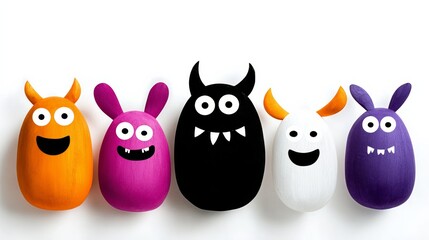 Obraz premium Row of five monsters with different colors and sizes