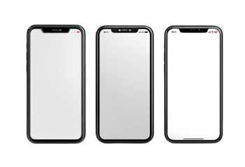 Three black smartphones with blank screens