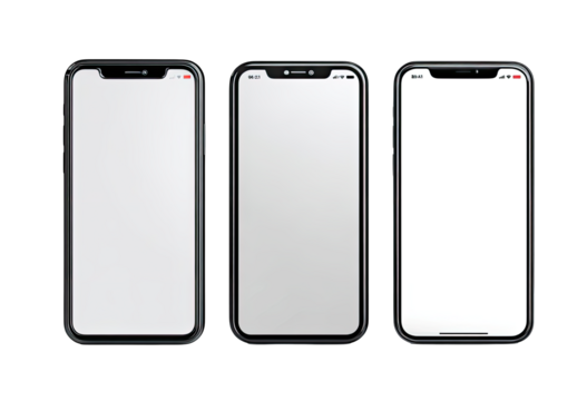 Three black smartphones with blank screens