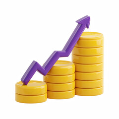 cute 3D cartoon render financial growth with stacked gold coins and upward arrow isolated on transparent background