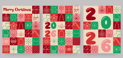 Fototapeta premium Christmas geometric card set. Modern pattern with Christmas icons. Minimal line art illustration for greeting cards, invitations, posters, covers.